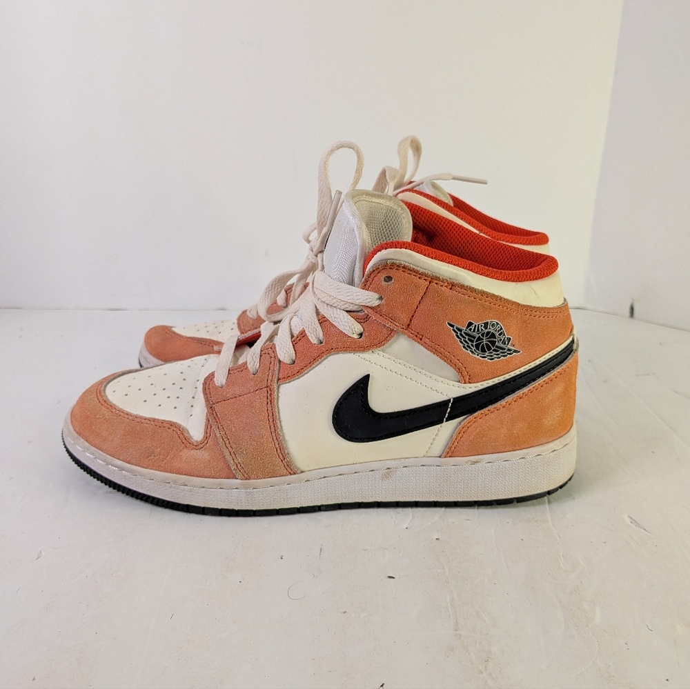 Nike Air Jordan 1 Mid Sneakers Orange Suede Kids Size 7Y